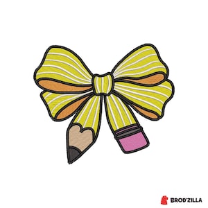 May include: A yellow and orange bow-shaped design with pencil details. The bow has yellow stripes and black outlines, with a pencil tip on one end and an eraser on the other. The design is on a white background.