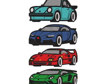 Sports Car Machine Embroidery Bundle, 4 Car Designs, 8 Sizes