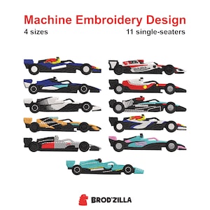 Race car embroidery design bundle, 11 racing cars 2.7 to 3.9 inch, single seater machine embroidery file, motorsport PES DST JEF
