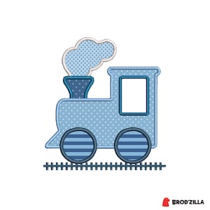 May include: A blue cartoon train with a polka dot pattern on the body and a cloud of smoke. The train has two wheels with blue stripes and sits on a black track. The design is outlined in a darker blue.
