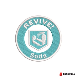 May include: Embroidered patch featuring a teal circle with the words "REVIVE!" and "Soda". Inside the circle is a teal and white shield design with a person reviving another person. The patch has a white border.