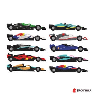 May include: An assortment of embroidered Formula 1 race cars in various colors, including green, blue, red, and orange. Each car is depicted in a side profile, showcasing their sleek design and aerodynamic features. The image is set against a white background.