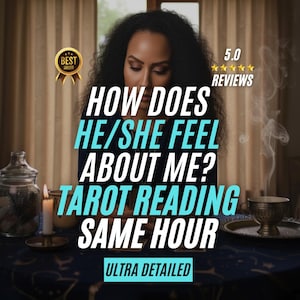 Pode incluir: Imagem que promove leituras de tarot. O texto diz "HOW DOES HE/SHE FEEL ABOUT ME? TAROT READING SAME HOUR ULTRA DETAILED." Uma insígnia de "Best Seller" e avaliações de 5 estrelas também são exibidas. Uma mulher está no centro da imagem.