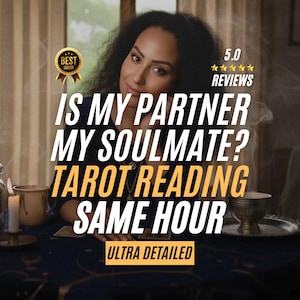 May include: An image featuring a woman with dark curly hair, smiling, with text that reads "IS MY PARTNER MY SOULMATE? TAROT READING SAME HOUR ULTRA DETAILED." A "Best Seller" badge is in the upper left corner, and "5.0 Reviews" is in the upper right.