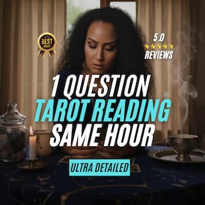 May include: An image promoting a tarot reading service. The text reads "1 QUESTION TAROT READING SAME HOUR ULTRA DETAILED" with a "Best Seller" badge and a 5-star review graphic. A woman is seated at a table with tarot cards, a candle, and a cup.