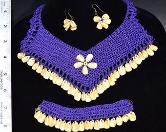 Indigineous Artisan / Handmade Jewelry Set - Mexico - Bib Necklace, Bracelet & Earrings - Royal Purple - Tribal / Bohemian