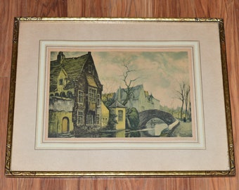 Antique Color Vivitone Engraving Print - Original Framing Under Glass - Signed Alfred An Neale - Nice Condition!