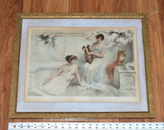 Antique Hand Painted Litho / Print - Women Playing Lyre - Framed Art Nouveau / Classical Fine Art - Herbert Horwitz - Victorian / Vienn