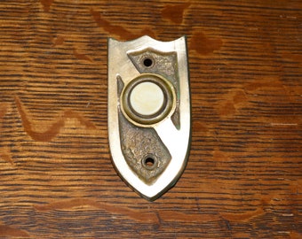 Vintage Brass Door Bell Plate w/ Button - Shield Design - Mid Century Architecture Salvage - Ready to Install - Original Hardware