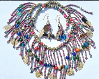 Conjunto de collar y pendientes vintage de cuentas estilo gitano/persa - Estilo bohemio chic de bailarina de danza del vientre