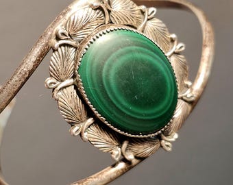 Auténtica pulsera/brazalete Fred Harvey de plata de ley y malaquita. Pieza rara con "error" - ¡Lectura obligatoria! Joyería nativa americana