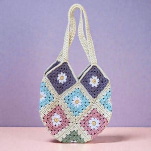 Handmade Crochet Granny Square Tote Bag Pastel Flower Boho Shoulder Bag Fairy