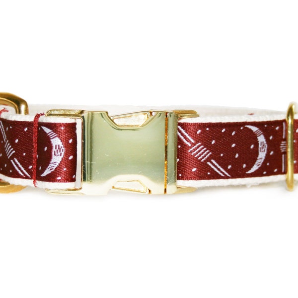 Maroon dog collar, adjustable moon cycle print