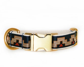 Navy blue adjustable geometric collar, brass hardware, cotton webbing