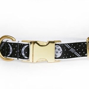 Moon pattern dog collar, adjustable, cotton webbing, brass buckle, black and white