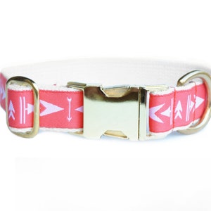 Modern pink collar, dog accessory, adjustable, brass, arrow pattern