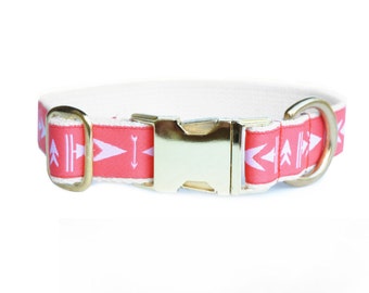 Pink arrow dog collar, adjustable 1" wide, brass hardware, cotton webbing