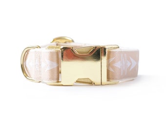 Light brown arrow dog collar, adjustable 1" wide, geometric design, cotton webbing, brass buckle