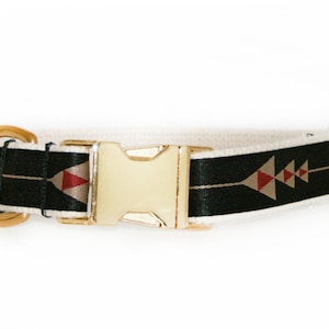 Modern black dog collar, adjustable, arrow pattern, brass hardware