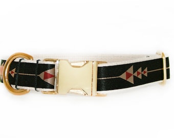 Modern black dog collar, adjustable, arrow pattern, brass hardware