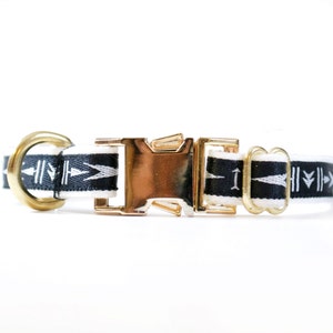 May include: A black and white patterned dog collar with a gold buckle and D-ring.