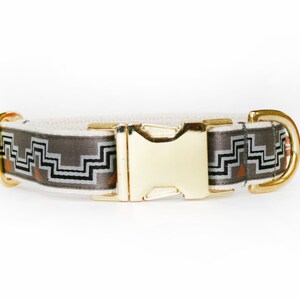 Grey geometric design dog collar, adjustable geometric pattern, cotton webbing, brass hardware