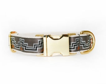 Grey geometric design dog collar, adjustable geometric pattern, cotton webbing, brass hardware