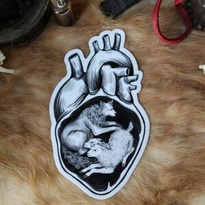 May include: A black and white sticker in the shape of a heart. Inside the heart, a wolf and two lambs are depicted. The sticker has a detailed illustration style, with the heart's veins and chambers clearly defined.