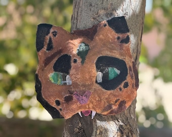 Handmade Calico Cat Therian Mask – Teal Eyes, Fangs Cosplay