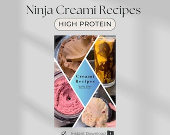 Puede incluir: Un documento digital titulado Ninja Creami Recipes HIGH PROTEIN que presenta cuatro imágenes de postres congelados y bebidas. El diamante azul central contiene el texto Creami Recipes Healthy Habits Mind & Body. Incluye el texto Instant Download.