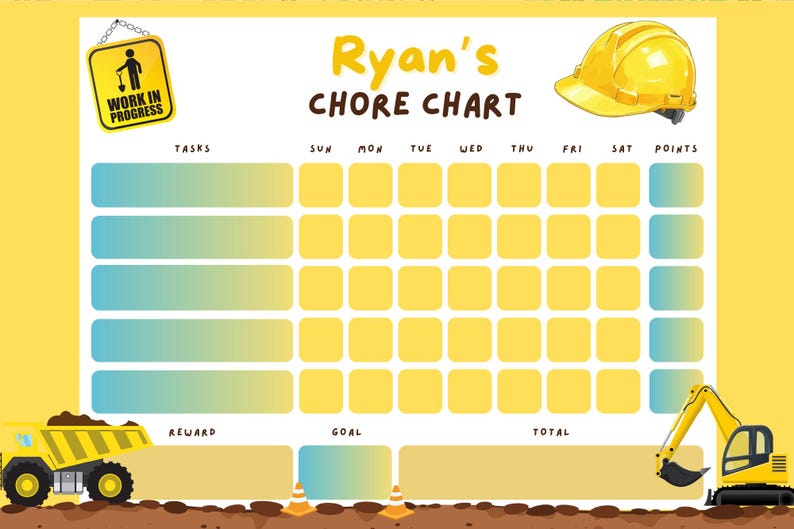Personalized Construction Chore Chart | Kids Printable Weekly Task ...