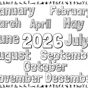 May include: A black and white 2026 calendar showing the months of the year. Each month is written in large letters and divided into days. Small silhouettes of people exercising are at the top and bottom.