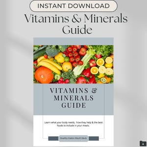 May include: A digital guide titled "Vitamins & Minerals Guide" with a photo of various fruits and vegetables. The guide includes text about body needs and healthy eating. The image features a vibrant array of produce, including bananas, oranges, and tomatoes.