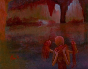 May include: A painting depicting a surreal scene with three figures in a dark, red and purple landscape. The figures have distorted features and appear to be in distress.