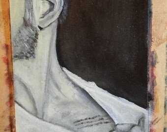 May include: A black and white painting depicting the side profile of a person's head, neck, and shoulder. The person has a short beard and is wearing a white shirt that is being pulled down at the collar to reveal three horizontal dark marks.