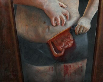 May include: A close-up of a person's torso with a bloody wound on their side. The wound is open and the flesh is visible. The person is wearing dark pants and is holding their hand over the wound.