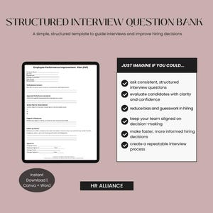 Könnte beinhalten: Eine digitale Vorlage mit dem Titel "Strukturierter Interview-Fragenkatalog" mit dem Text "Eine einfache, strukturierte Vorlage zur Anleitung von Interviews und zur Verbesserung von Einstellungsentscheidungen." Das Bild enthält ein Formular, eine Liste von Vorteilen und den Text "Sofort-Download | Canva + Word."