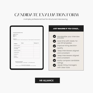 Puede incluir: Un formulario digital de evaluación de candidatos en una tableta, diseñado para entrevistas estructuradas. El formulario incluye secciones para notas y calificaciones, con el texto "Candidate Evaluation Form". A la derecha se muestra una lista de beneficios.