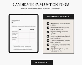 Interview Evaluation Form | Candidate Scorecard Template | HR Hiring Form | Editable Canva & Word | Printable PDF