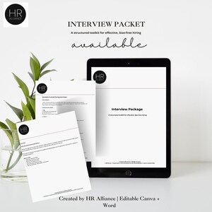 May include: A digital tablet and printed documents display the text "Interview Packet" and "Interview Package." The documents are part of a structured toolkit for effective, bias-free hiring. The HR Alliance logo is visible.