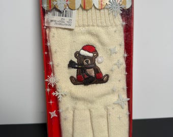Luvas Isotoner vintage com urso de Natal