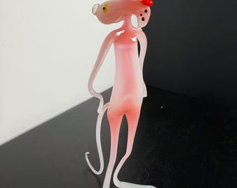 Vintage roze panterfiguur van geblazen glas, 7"H