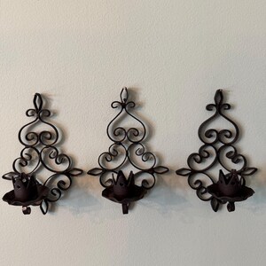 Set of 3 Vintage Small Wrought Iron Scrolled Tapered Candle Sconces