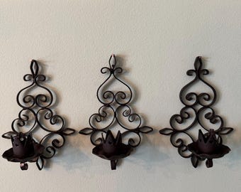 Set of 3 Vintage Small Wrought Iron Scrolled Tapered Candle Sconces