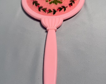 Vintage Pink Plastic Hand Mirror,Floral Design