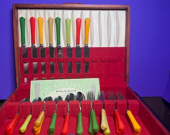 Vintage Wm Roger's bestekset met bakelieten handgrepen, incompleet, in originele doos