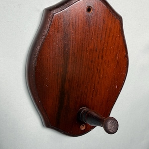 Pode incluir: Um cabide de madeira castanho escuro. O gancho é montado numa placa de madeira em forma de escudo com um topo arredondado e um único gancho que se estende da parte inferior. A placa tem um furo na parte superior para montagem.
