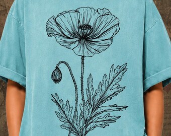 Retro klaproos T-shirt, botanische natuurkunst, Comfort Colors® natuurshirt, klassieke top met bloemenprint