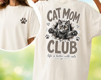 T-Shirt „Cat Mom Club Comfort Colors“, Katzenmama-Shirt, süßes Katzen-T-Shirt, T-Shirt für Katzenbesitzer, lustiges Katzenmama-T-Shirt, Shirt für Tierliebhaber, Geschenk für Katzenliebhaber