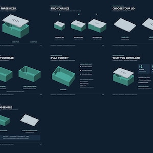 May include: A digital project box collection guide featuring three sizes of teal rectangular enclosures with gray lids. The infographic displays dimensions in millimeters, base options, lid styles, and assembly instructions for 3D printing.